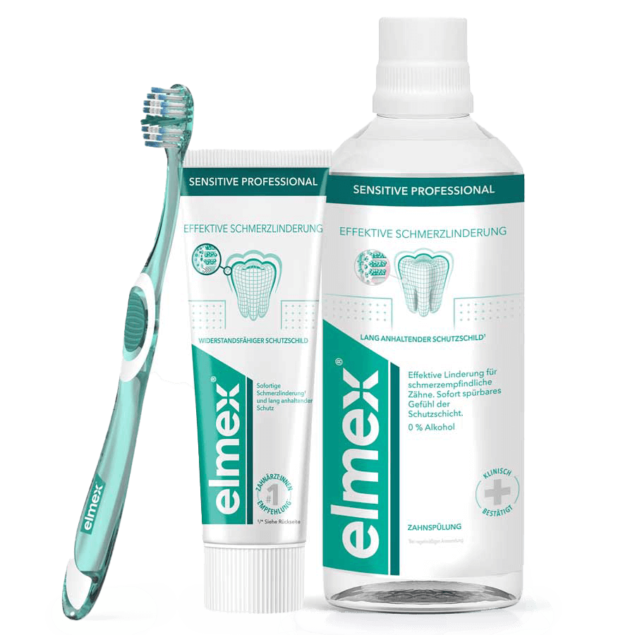 Σειρά προϊόντων Elmex Sensitive Professional, που περιλαμβάνει οδοντόβουρτσα, οδοντόκρεμα και στοματικό διάλυμα.